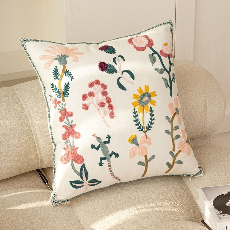 Nordic Style Pure Cotton Flower Embroidery Pillow Cover