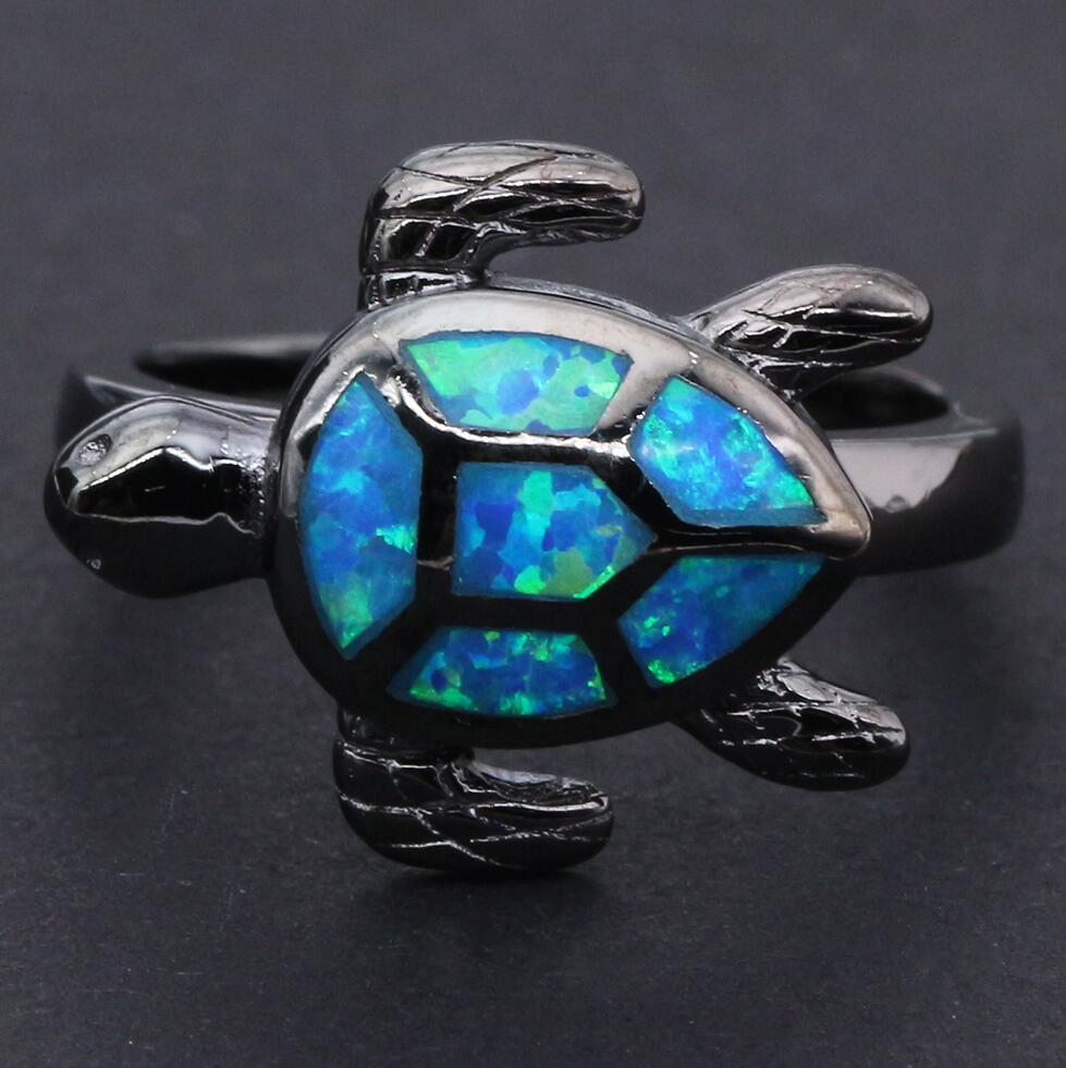 Vintage black gun metal blue turtle form opal ring jewelry for women party cocktail ring mode specific friend gift