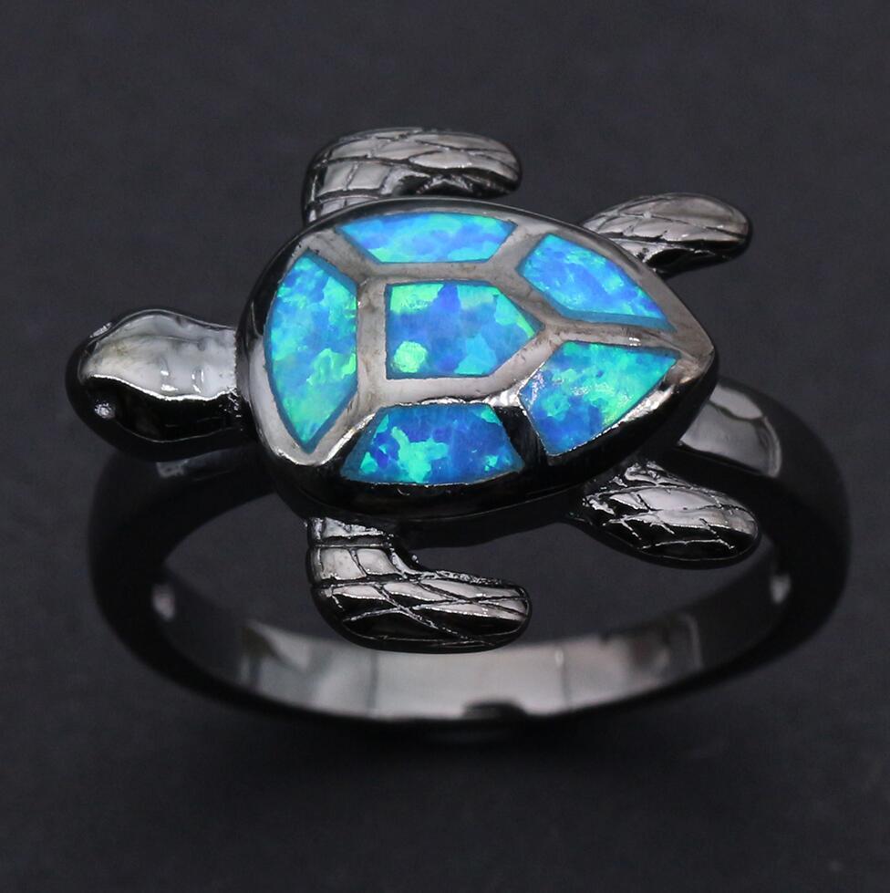 Vintage black gun metal blue turtle form opal ring jewelry for women party cocktail ring mode specific friend gift