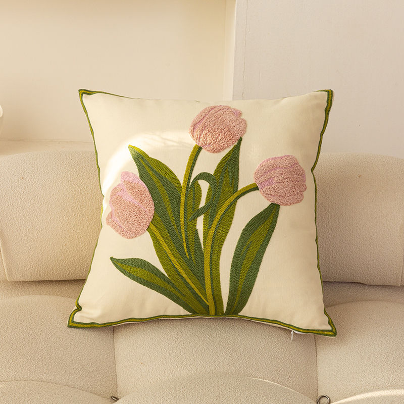 Nordic Style Pure Cotton Flower Embroidery Pillow Cover