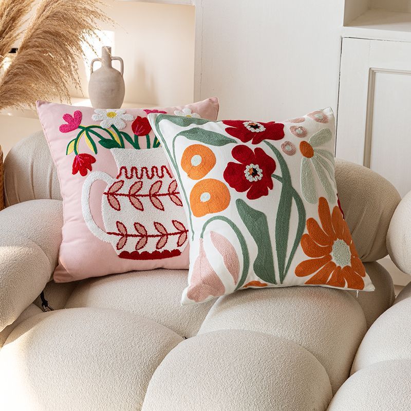 Nordic Style Pure Cotton Flower Embroidery Pillow Cover