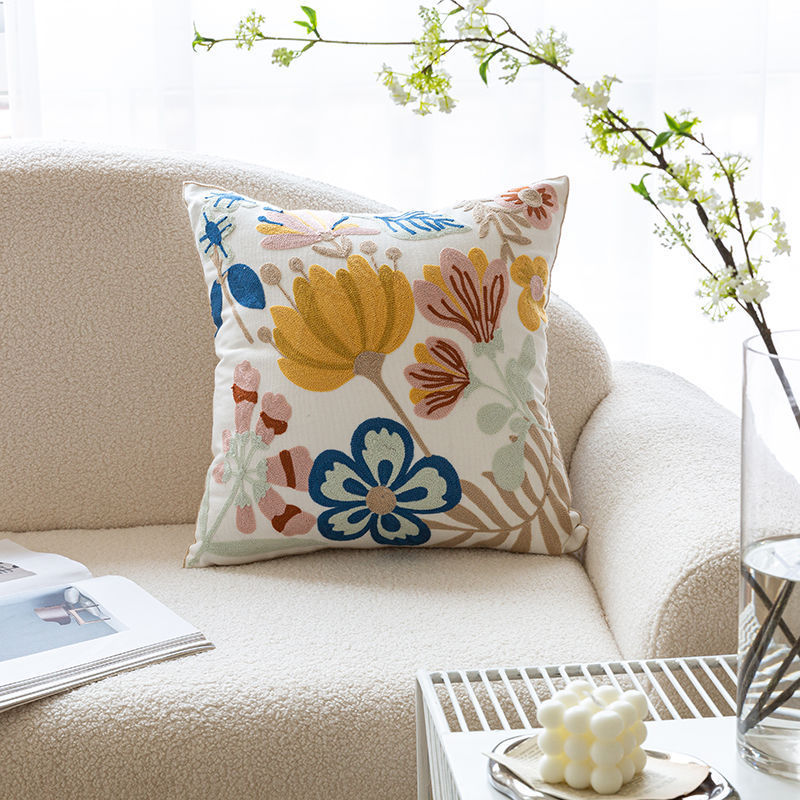 Nordic Style Pure Cotton Flower Embroidery Pillow Cover