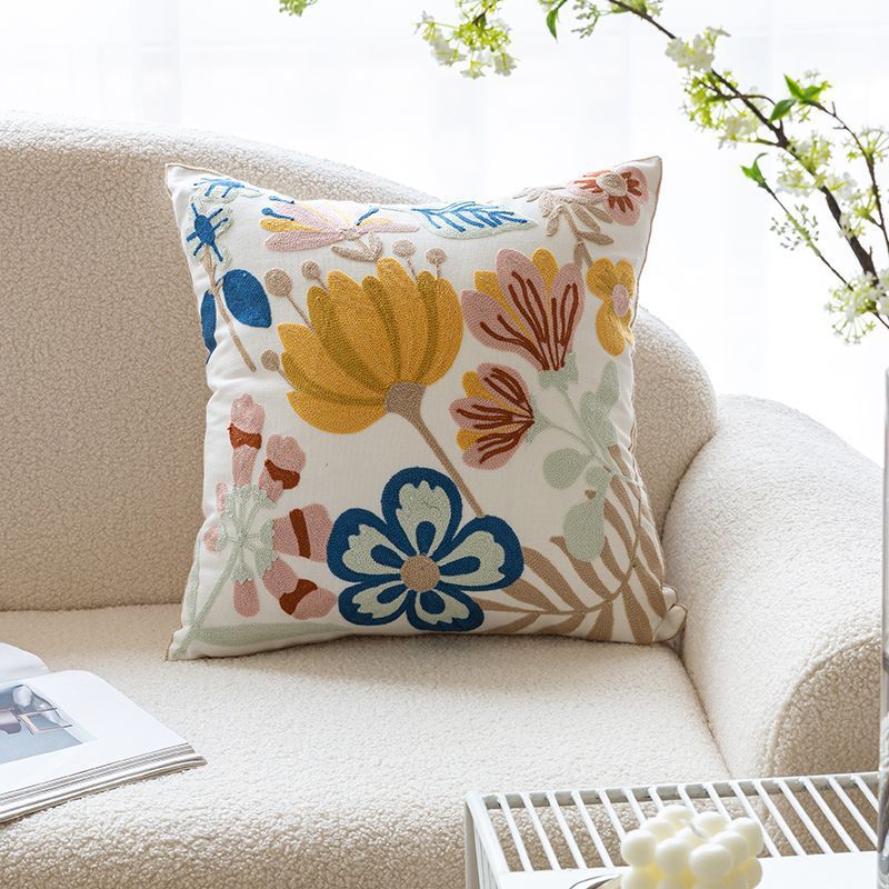 Nordic Style Pure Cotton Flower Embroidery Pillow Cover
