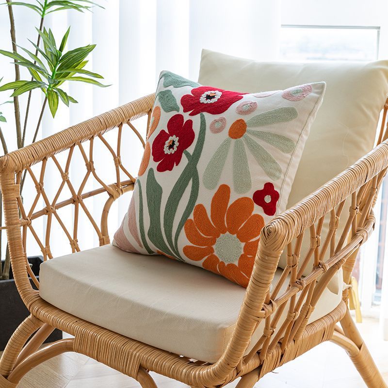 Nordic Style Pure Cotton Flower Embroidery Pillow Cover