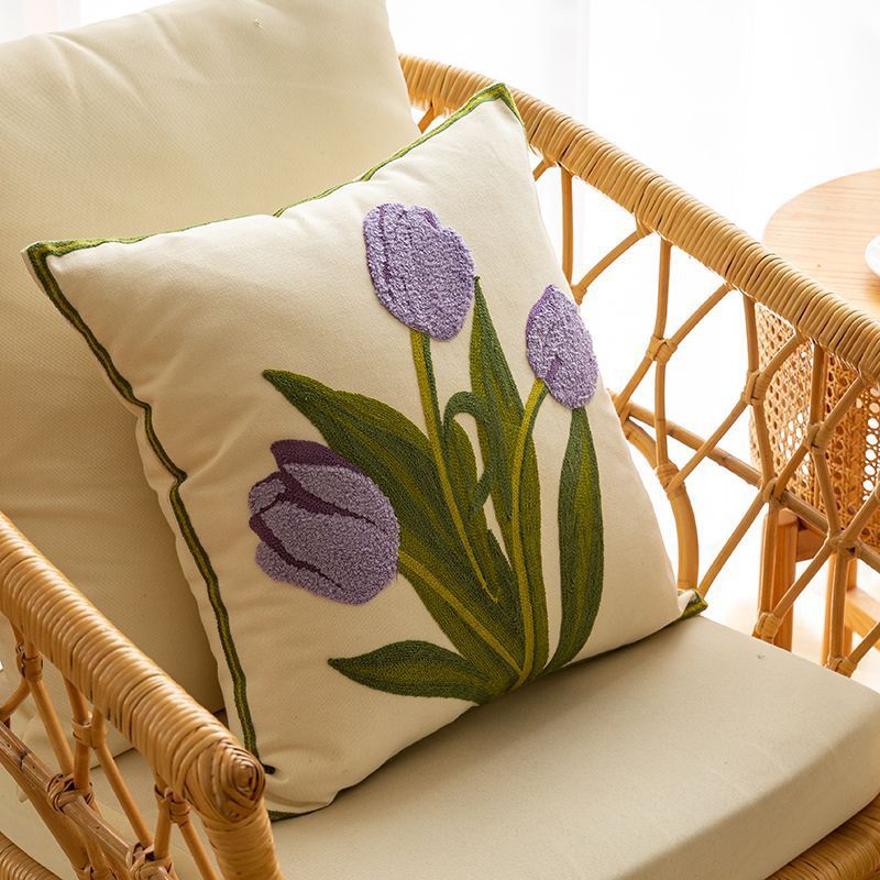 Nordic Style Pure Cotton Flower Embroidery Pillow Cover