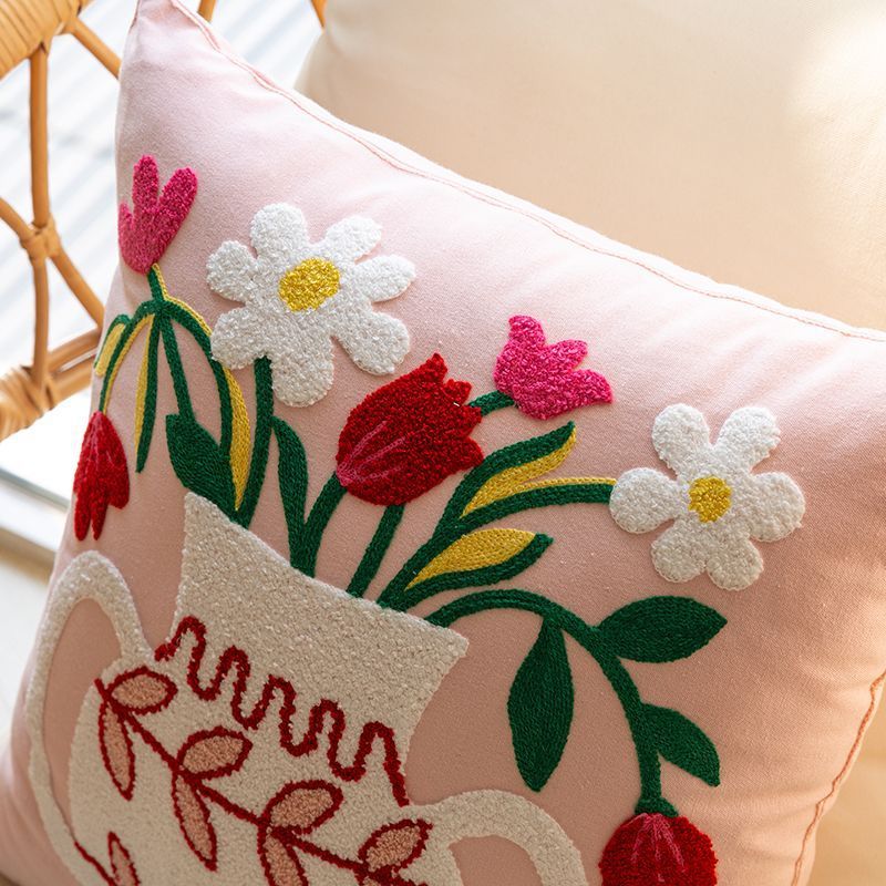 Nordic Style Pure Cotton Flower Embroidery Pillow Cover