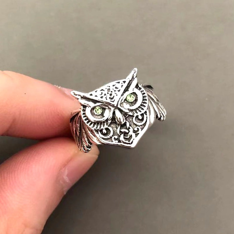 Plain Silver Retro Blue Glasses Owl Jewelry Ring Men And Women Design Owl Ring