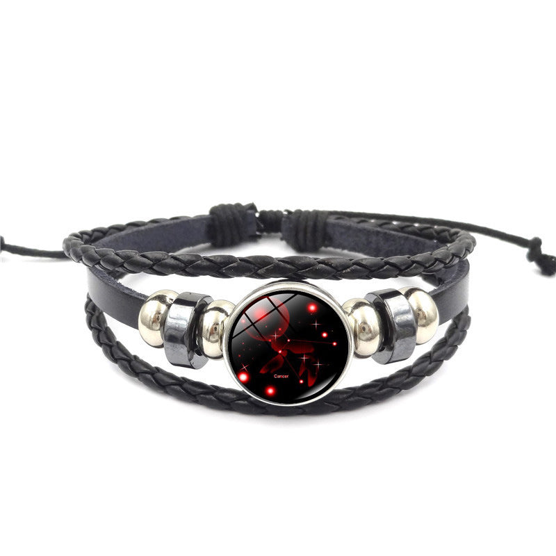 Women Fashion 12 Constellation Handmade Leather Bracelets Black Weave Multi Layer Punk Rock 12 Zodiac Charms Jewelry