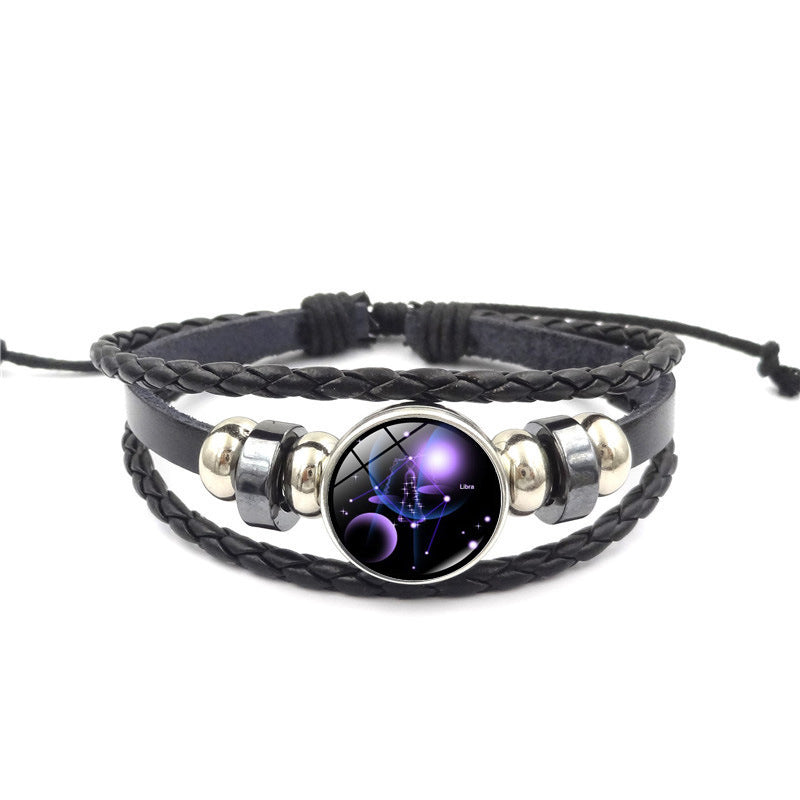 Women Fashion 12 Constellation Handmade Leather Bracelets Black Weave Multi Layer Punk Rock 12 Zodiac Charms Jewelry