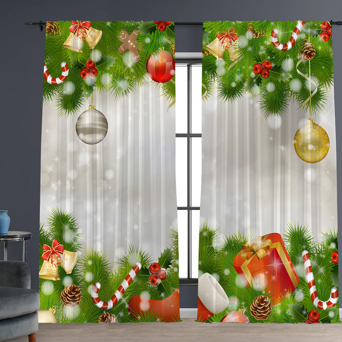 2PCs Christmas Curtain 3D Digital Printing Flower Type