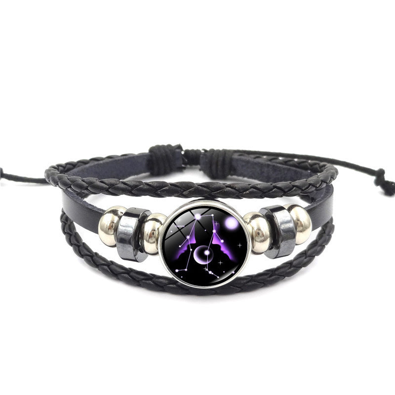 Women Fashion 12 Constellation Handmade Leather Bracelets Black Weave Multi Layer Punk Rock 12 Zodiac Charms Jewelry