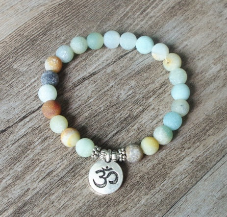 Matte Amazonite Stone Strand Bracelet Yoga Chakra Mala Bracelet OM Lotus Women Men Beaded Charm Bracelet Handmade Jewelry