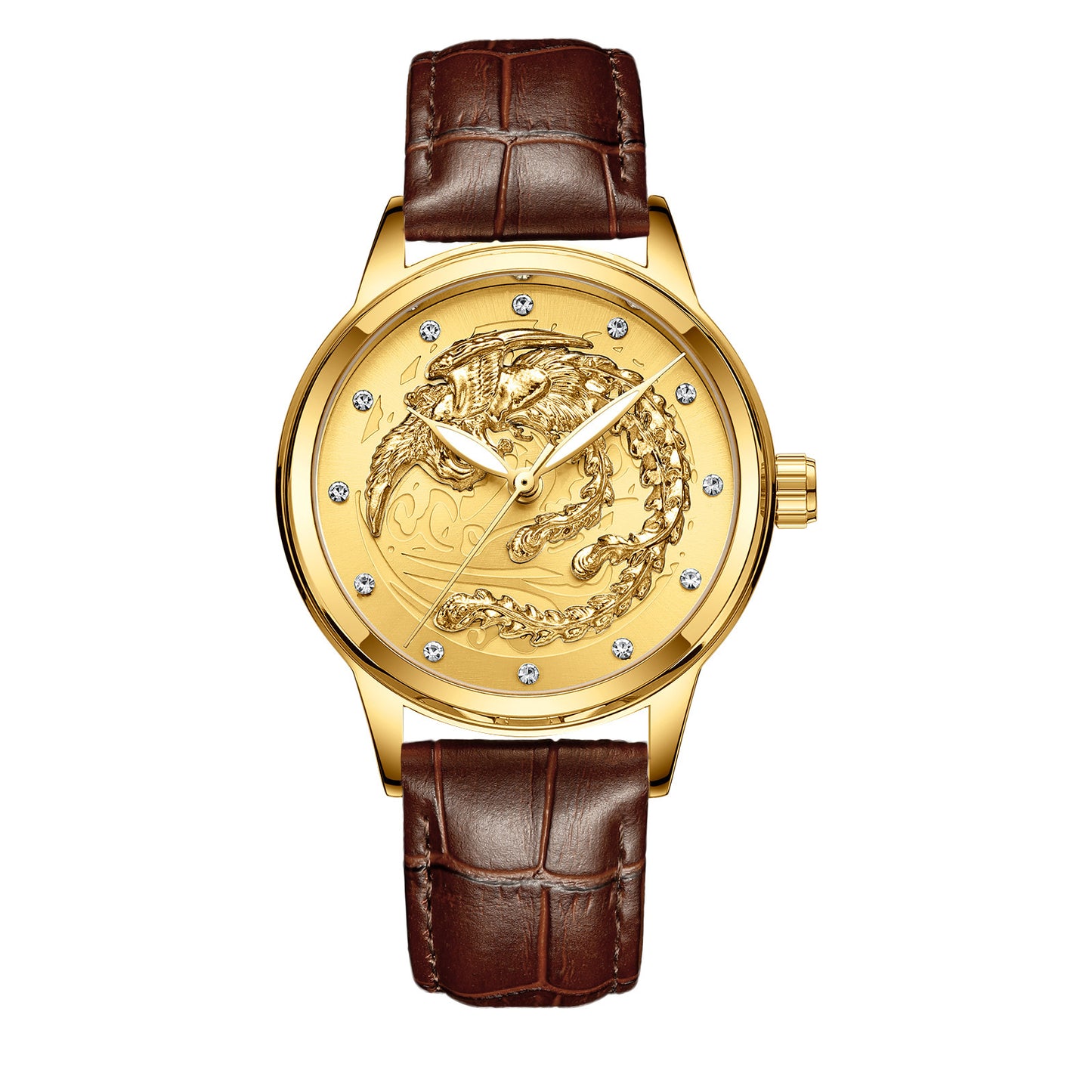 Yellow Gold Quartz Steel Belt Dragon And Phoenix Couple Watch
