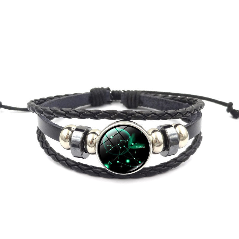 Women Fashion 12 Constellation Handmade Leather Bracelets Black Weave Multi Layer Punk Rock 12 Zodiac Charms Jewelry