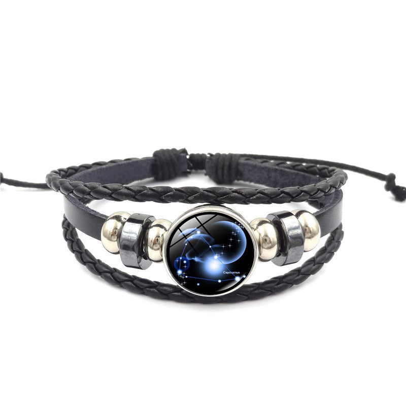 Women Fashion 12 Constellation Handmade Leather Bracelets Black Weave Multi Layer Punk Rock 12 Zodiac Charms Jewelry