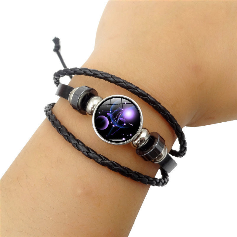Women Fashion 12 Constellation Handmade Leather Bracelets Black Weave Multi Layer Punk Rock 12 Zodiac Charms Jewelry