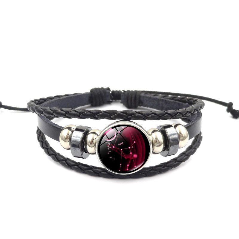 Women Fashion 12 Constellation Handmade Leather Bracelets Black Weave Multi Layer Punk Rock 12 Zodiac Charms Jewelry