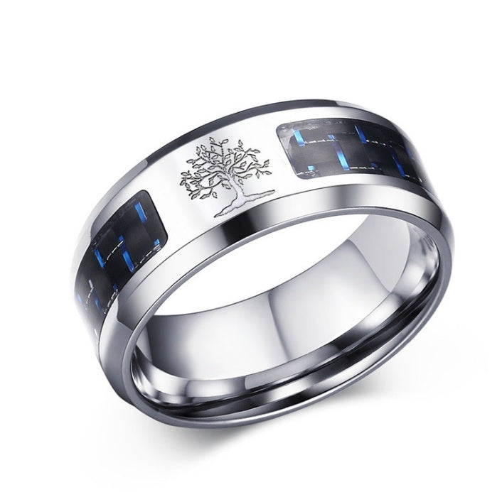 Classic Jewelry 8MM Stainless Steel Blue  Black Carbon Fiber Steel Ring Men's Jewelry R 281