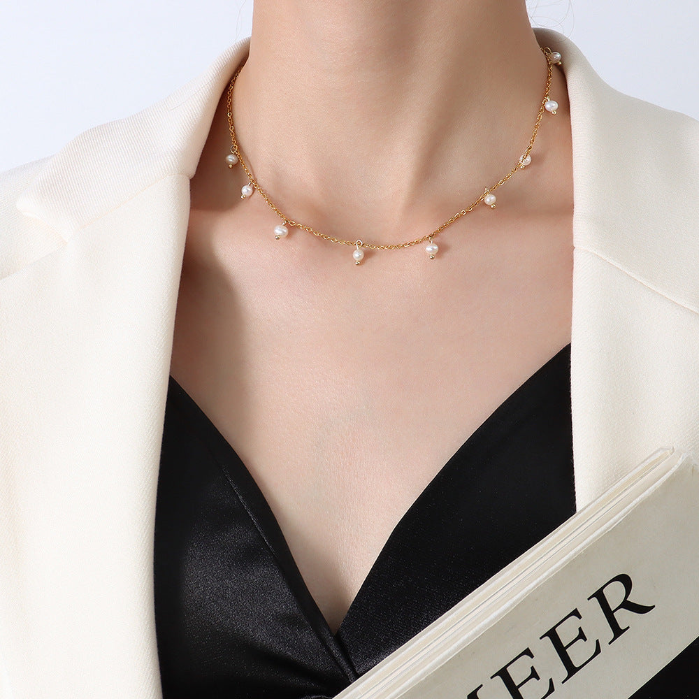 French Style All-matching Ins Simple All Match Jewelry Titanium Steel 18K Gold Plating Freshwater Pearl Necklace For Women