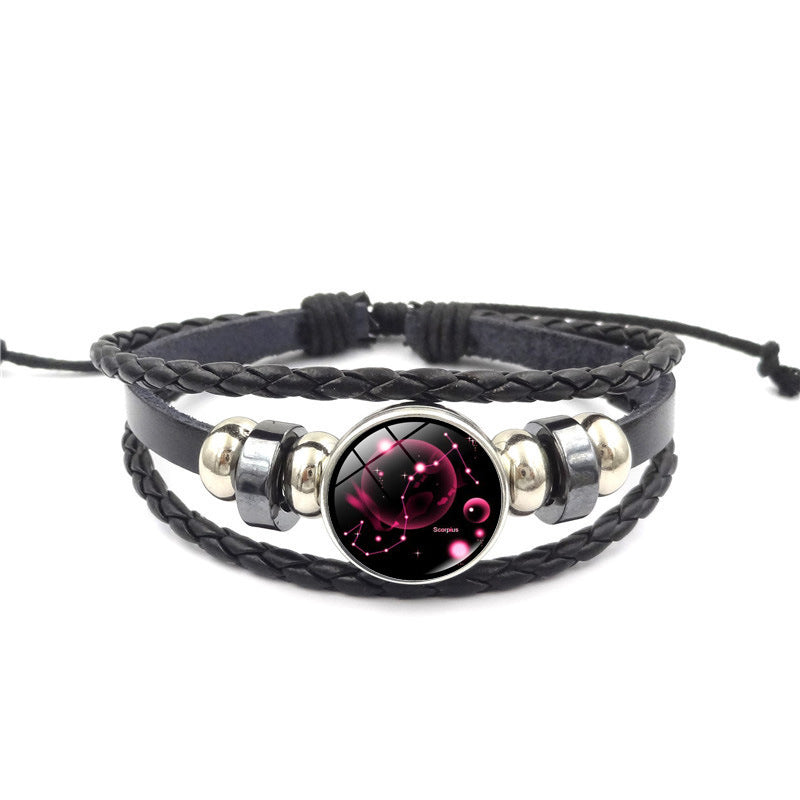 Women Fashion 12 Constellation Handmade Leather Bracelets Black Weave Multi Layer Punk Rock 12 Zodiac Charms Jewelry