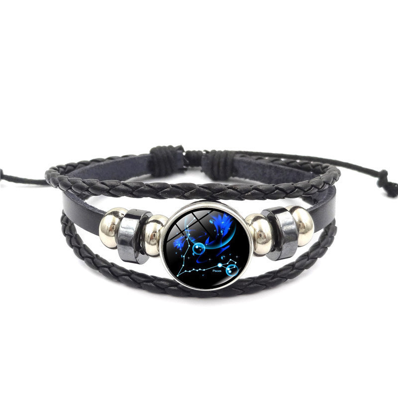 Women Fashion 12 Constellation Handmade Leather Bracelets Black Weave Multi Layer Punk Rock 12 Zodiac Charms Jewelry