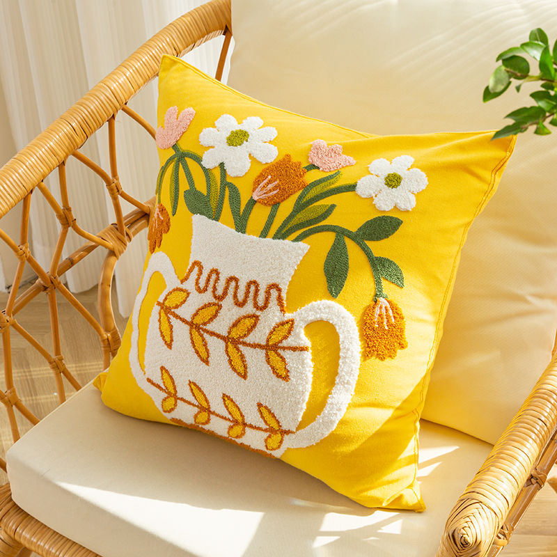 Nordic Style Pure Cotton Flower Embroidery Pillow Cover