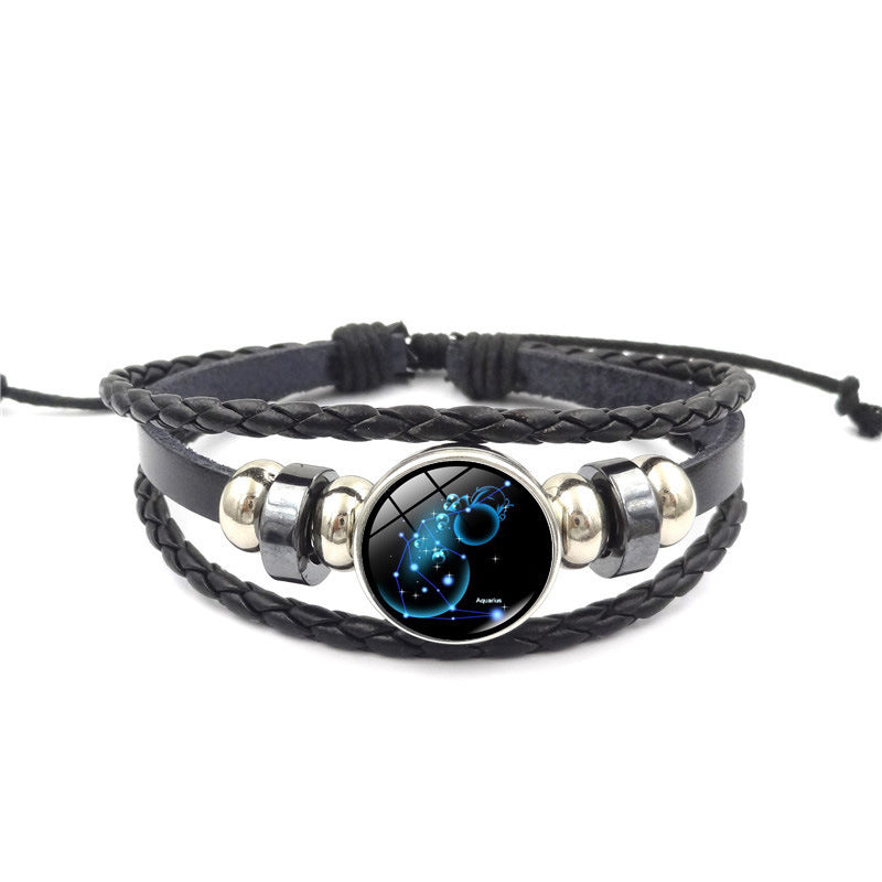 Women Fashion 12 Constellation Handmade Leather Bracelets Black Weave Multi Layer Punk Rock 12 Zodiac Charms Jewelry