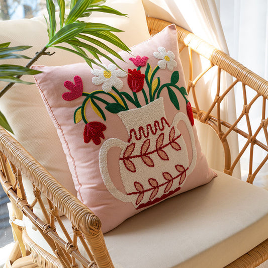 Nordic Style Pure Cotton Flower Embroidery Pillow Cover