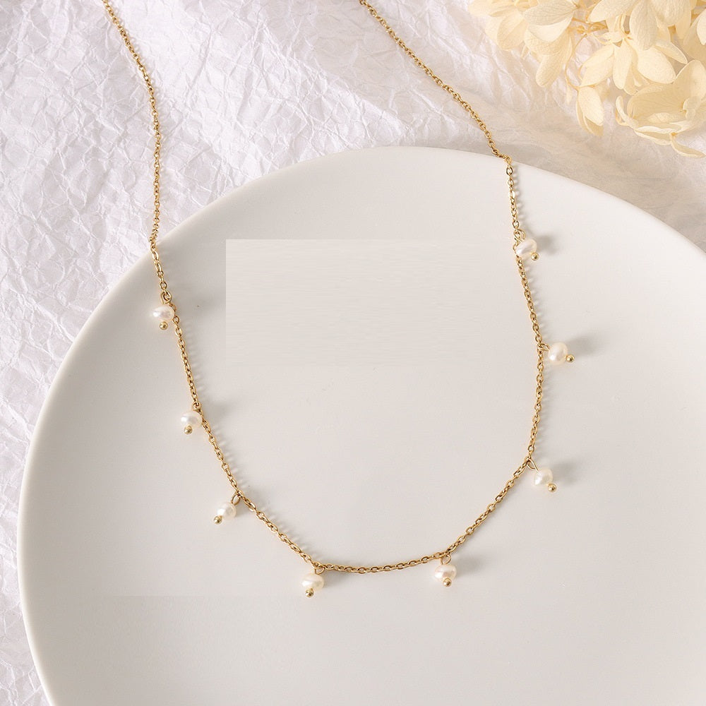 French Style All-matching Ins Simple All Match Jewelry Titanium Steel 18K Gold Plating Freshwater Pearl Necklace For Women