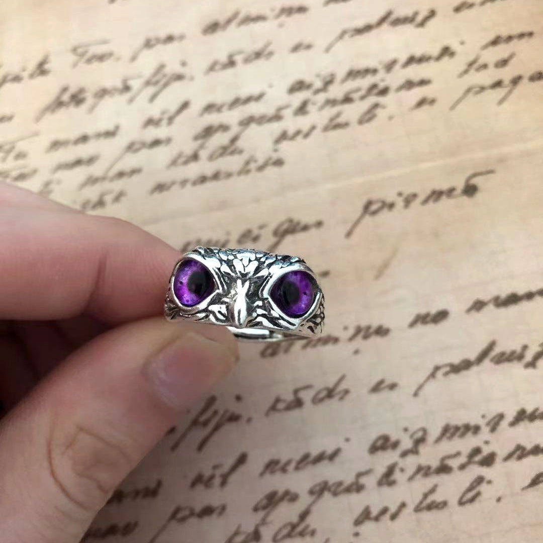 Plain Silver Retro Blue Glasses Owl Jewelry Ring Men And Women Design Owl Ring