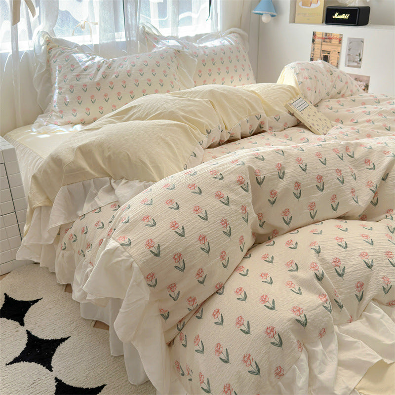 Korean Ins Maiden Lace Tulip Washed Cotton Four-piece Set