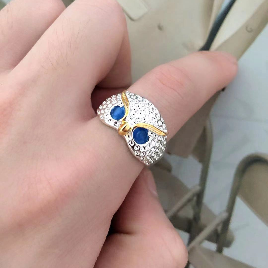 Plain Silver Retro Blue Glasses Owl Jewelry Ring Men And Women Design Owl Ring