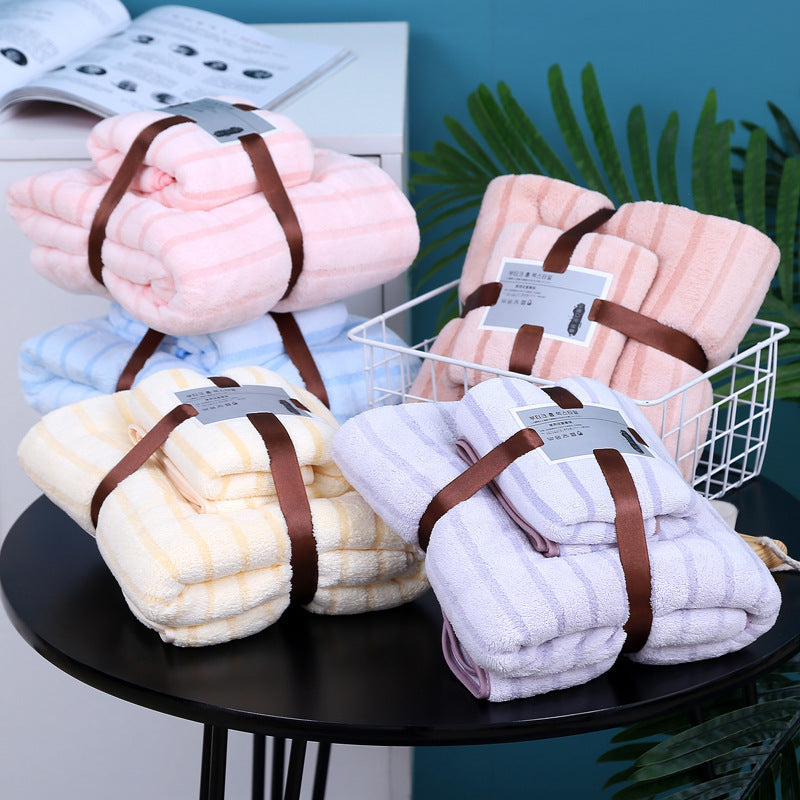 Thin Stripes Thickened Absorbent Coral Fleece Towels Suit