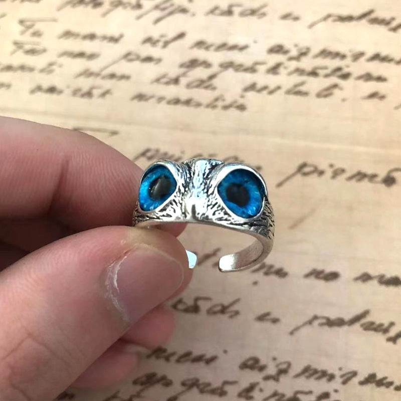 Plain Silver Retro Blue Glasses Owl Jewelry Ring Men And Women Design Owl Ring