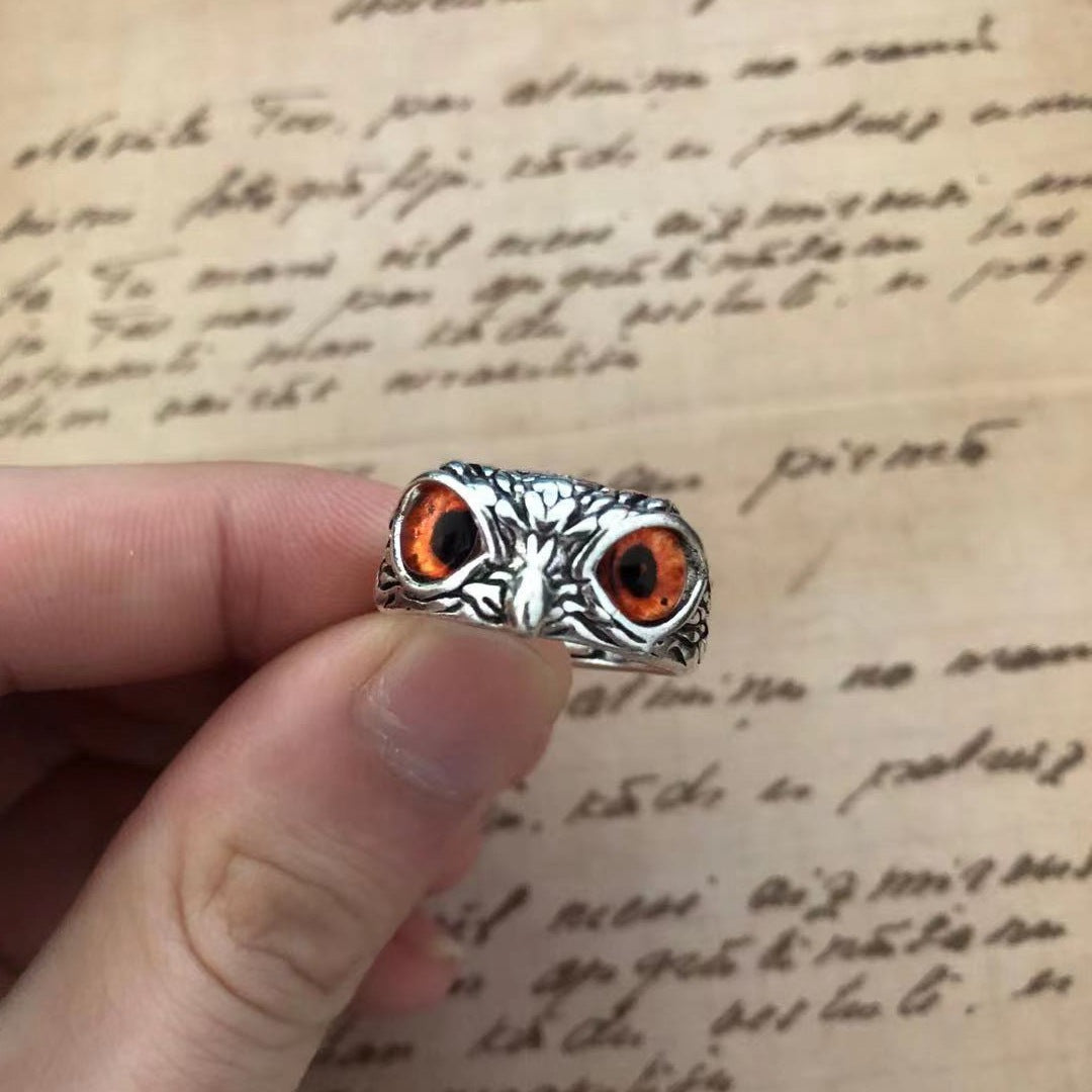 Plain Silver Retro Blue Glasses Owl Jewelry Ring Men And Women Design Owl Ring