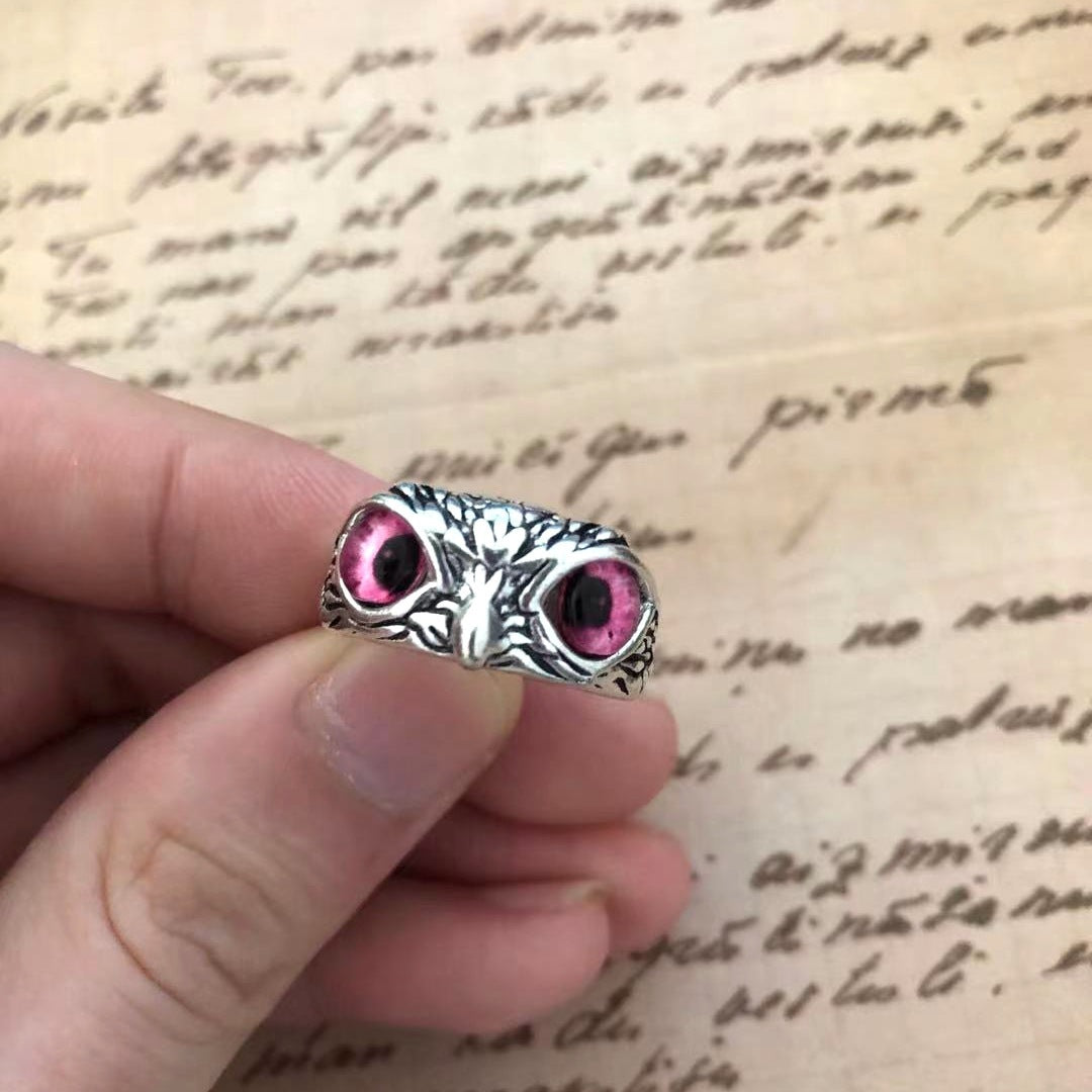 Plain Silver Retro Blue Glasses Owl Jewelry Ring Men And Women Design Owl Ring